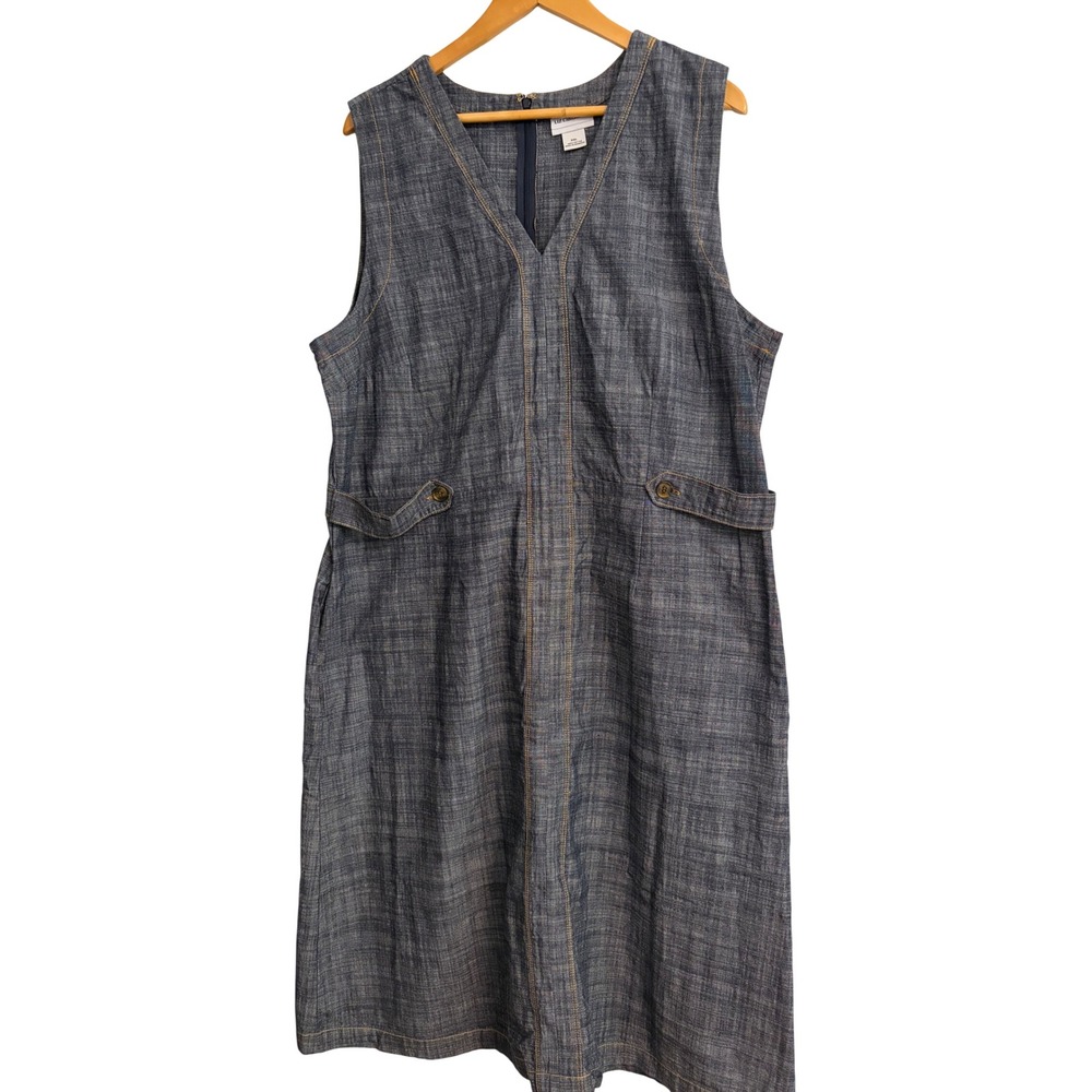 Liz Claiborne Jumper Dress XXL Blue Chambray, Denim, Midi, Pockets, Cotton, Chic